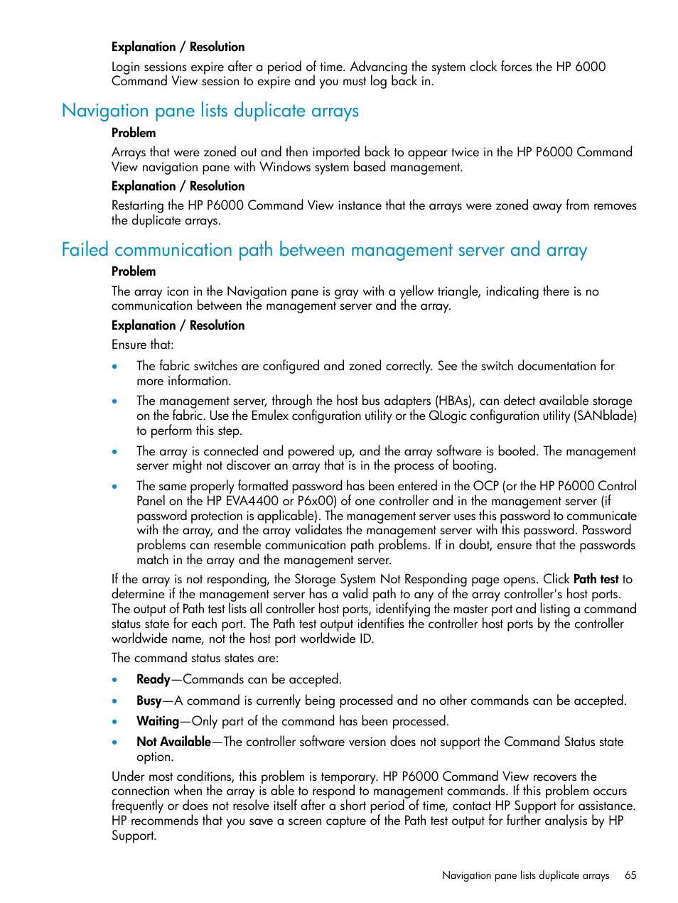 Navigation pane lists duplicate arrays | HP P6000 User Manual | Page 65 / 105