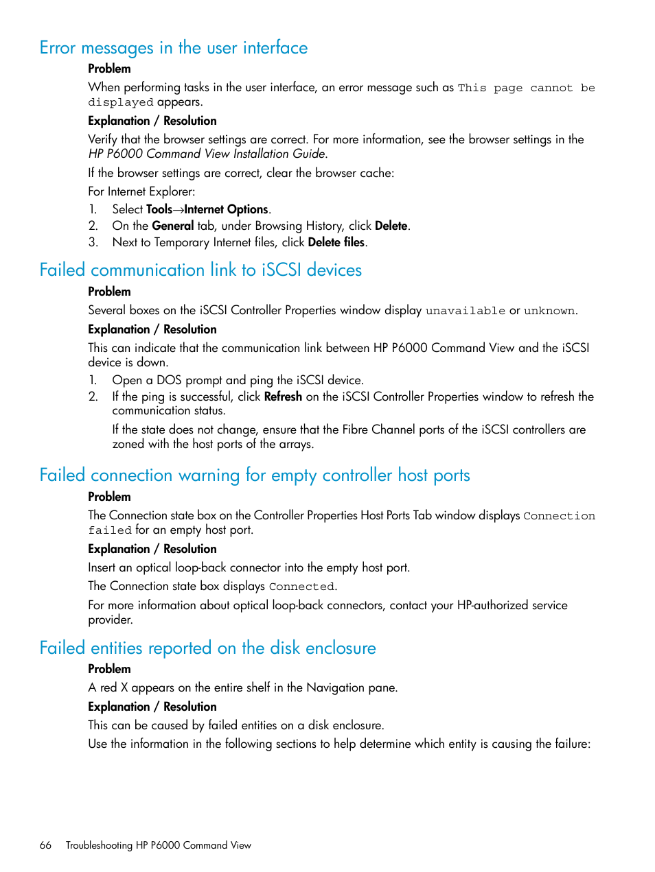 Error messages in the user interface, Failed communication link to iscsi devices, Failed entities reported on the disk enclosure | HP P6000 User Manual | Page 66 / 105