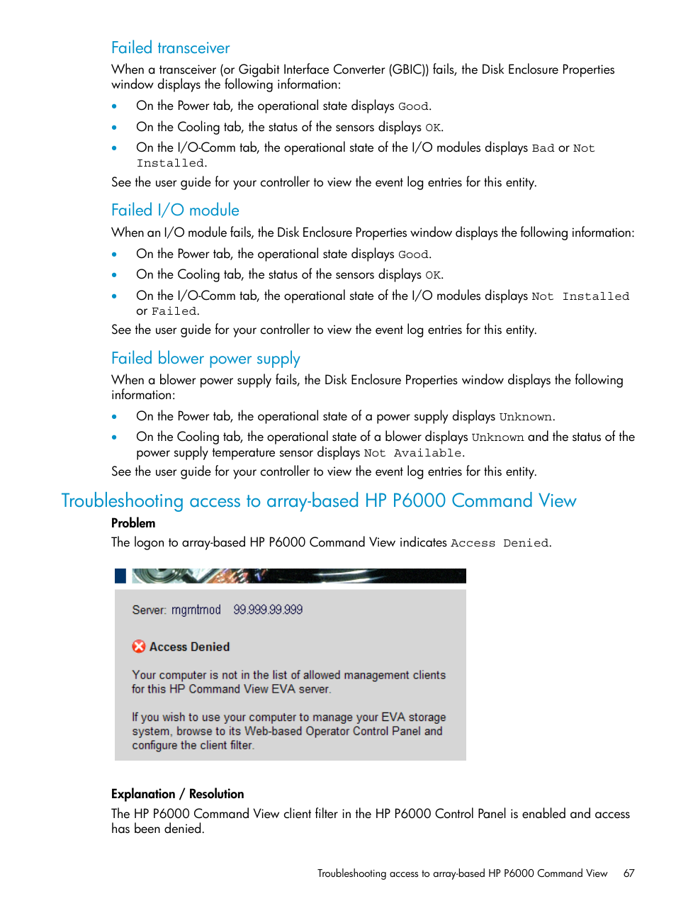 Failed transceiver, Failed i/o module, Failed blower power supply | HP P6000 User Manual | Page 67 / 105