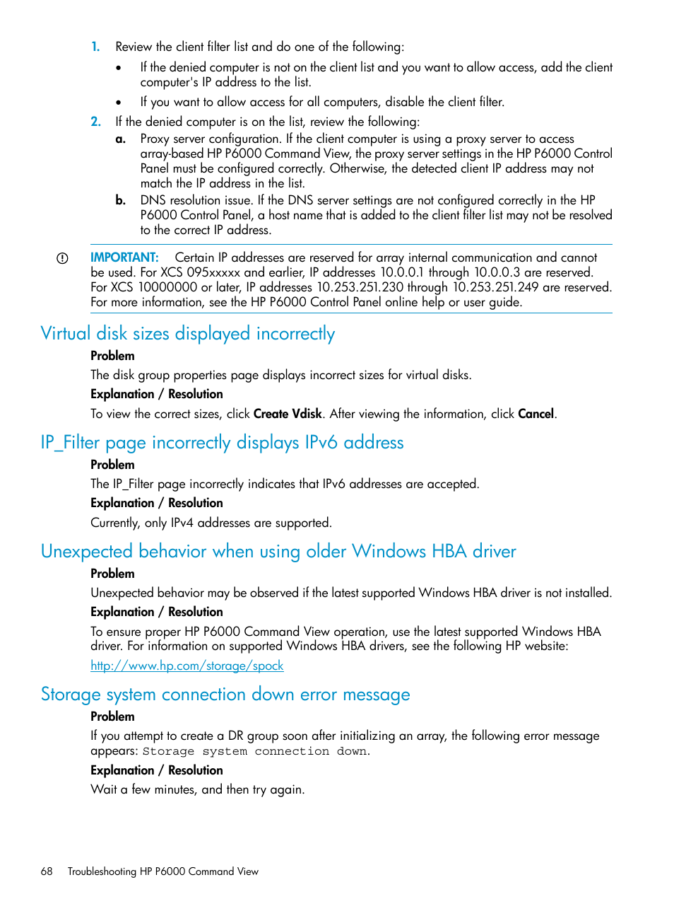 Virtual disk sizes displayed incorrectly, Storage system connection down error message, Ip_filter page incorrectly displays ipv6 address | HP P6000 User Manual | Page 68 / 105