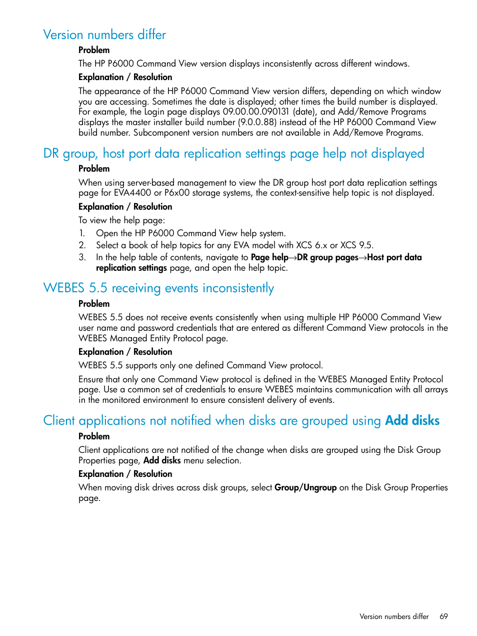 Version numbers differ, Webes 5.5 receiving events inconsistently | HP P6000 User Manual | Page 69 / 105