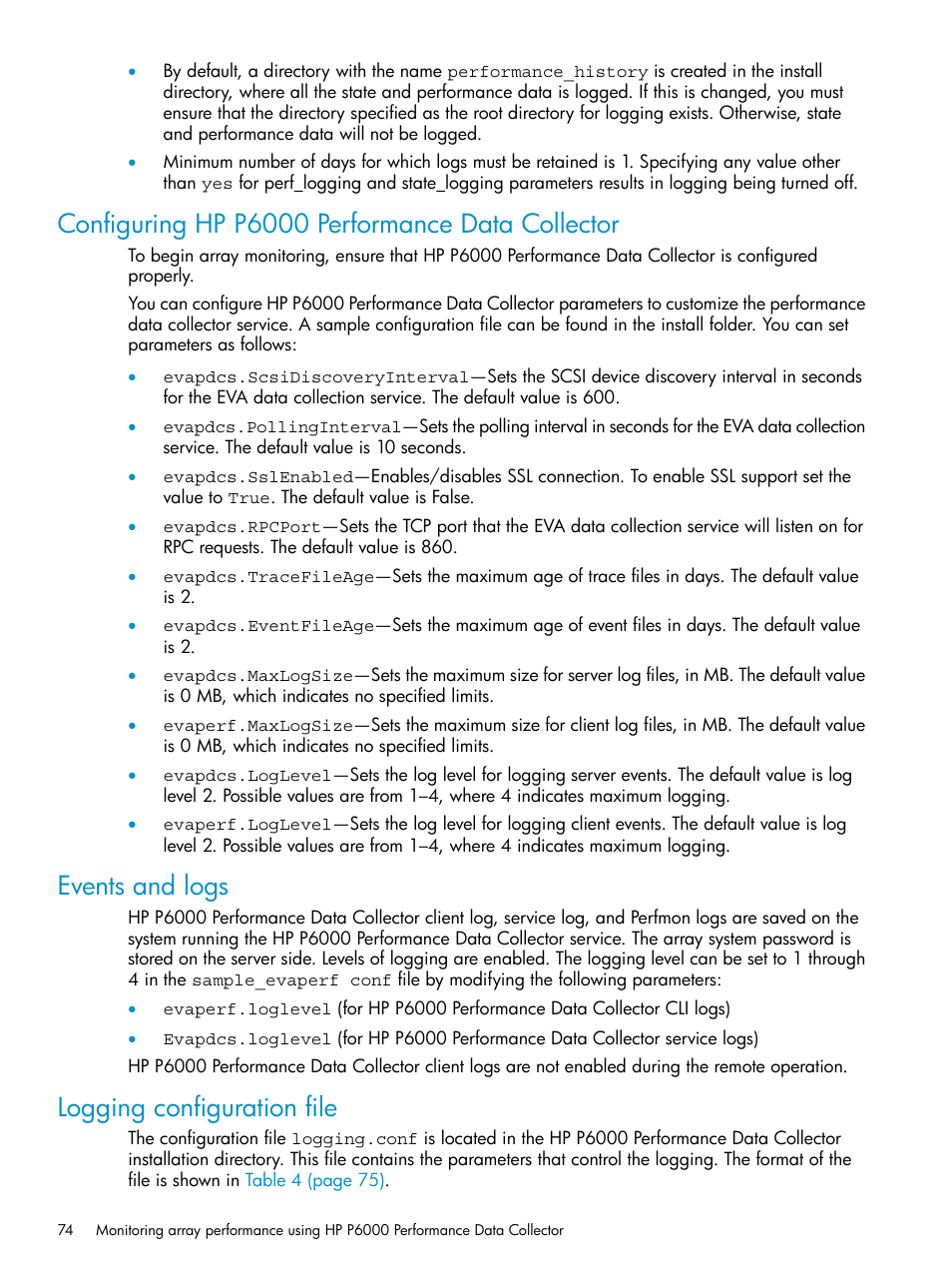 Configuring hp p6000 performance data collector, Events and logs, Logging configuration file | HP P6000 User Manual | Page 74 / 105