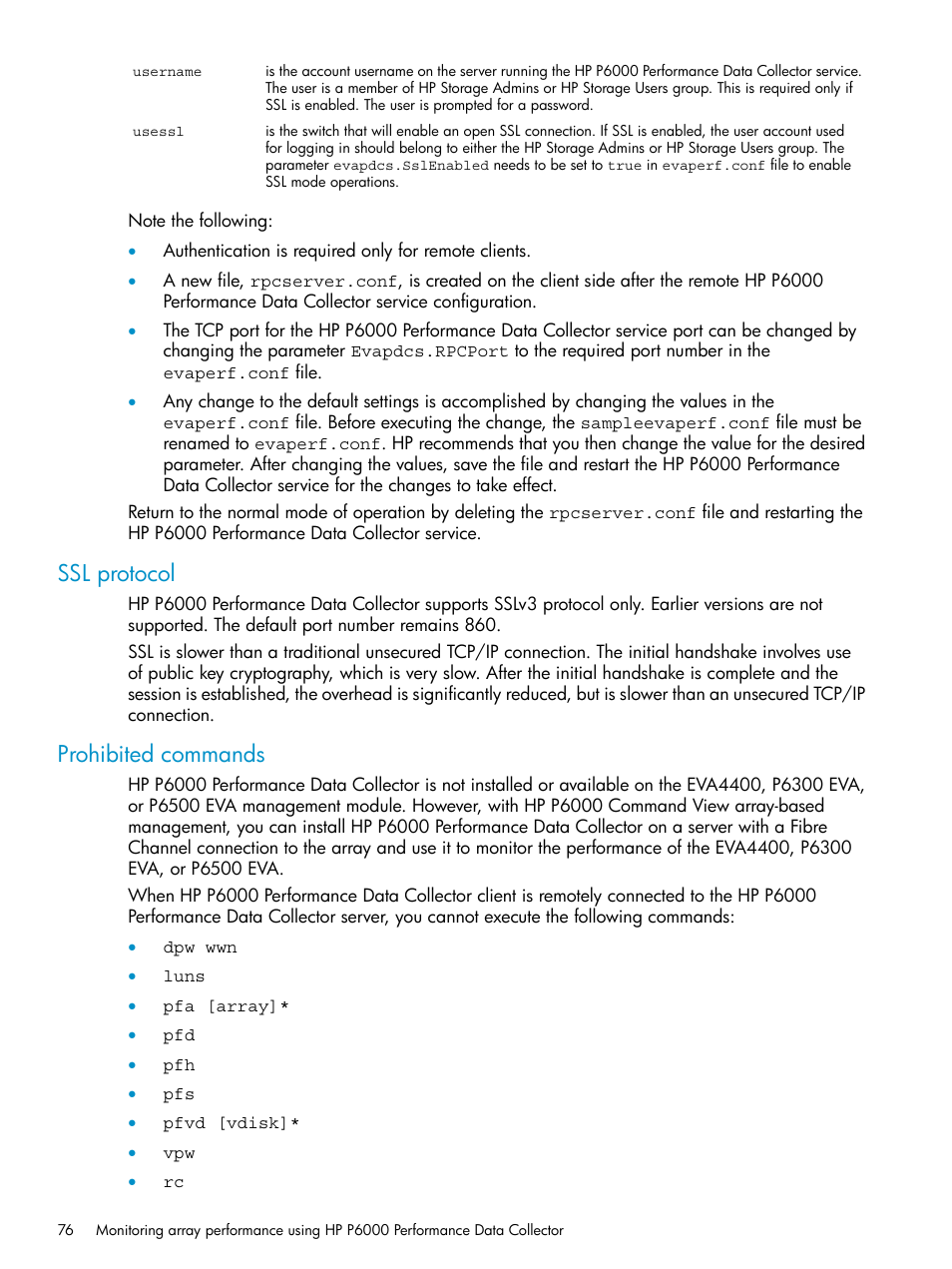 Ssl protocol, Prohibited commands, Ssl protocol prohibited commands | HP P6000 User Manual | Page 76 / 105