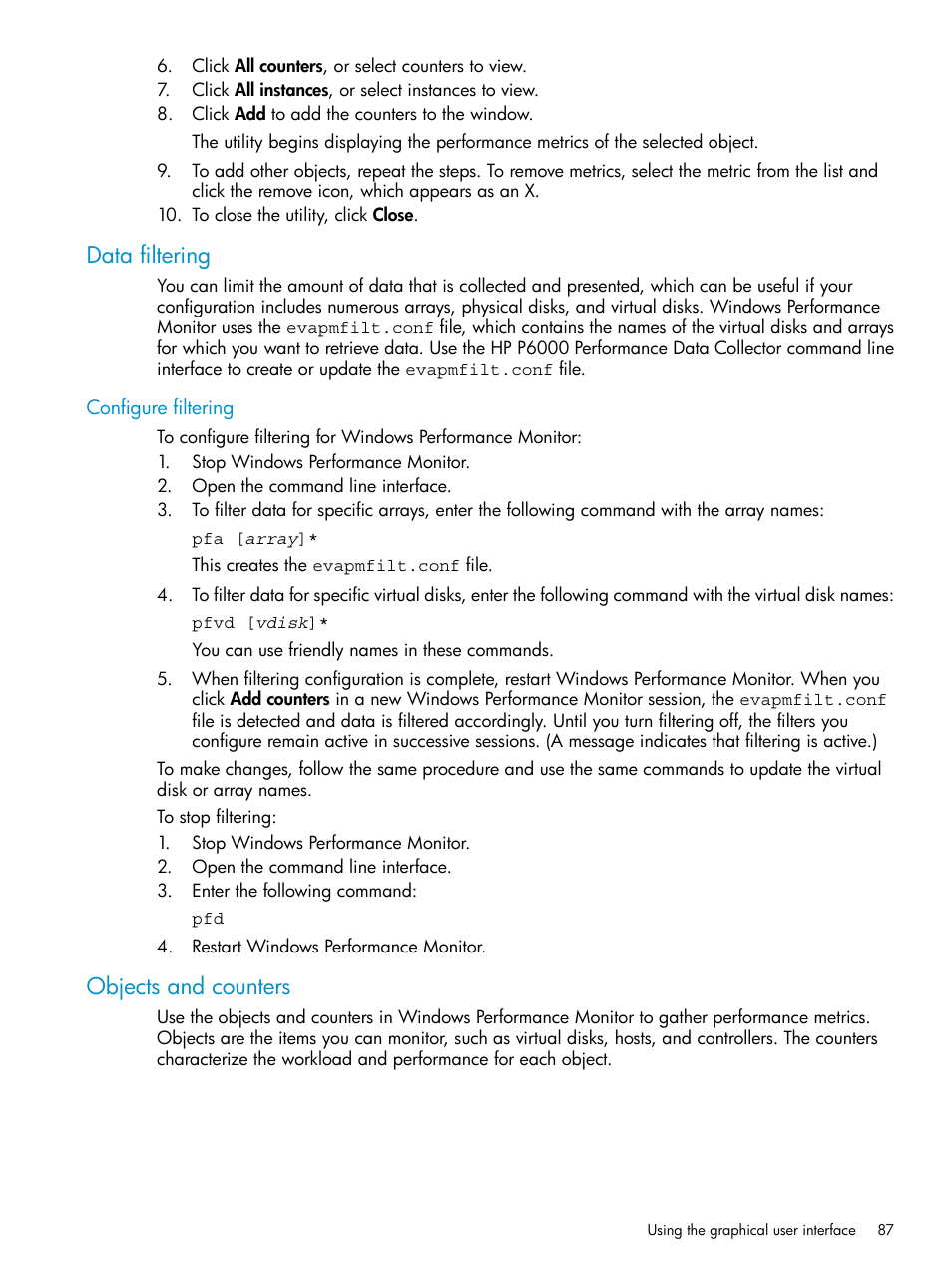 Data filtering, Configure filtering, Objects and counters | HP P6000 User Manual | Page 87 / 105