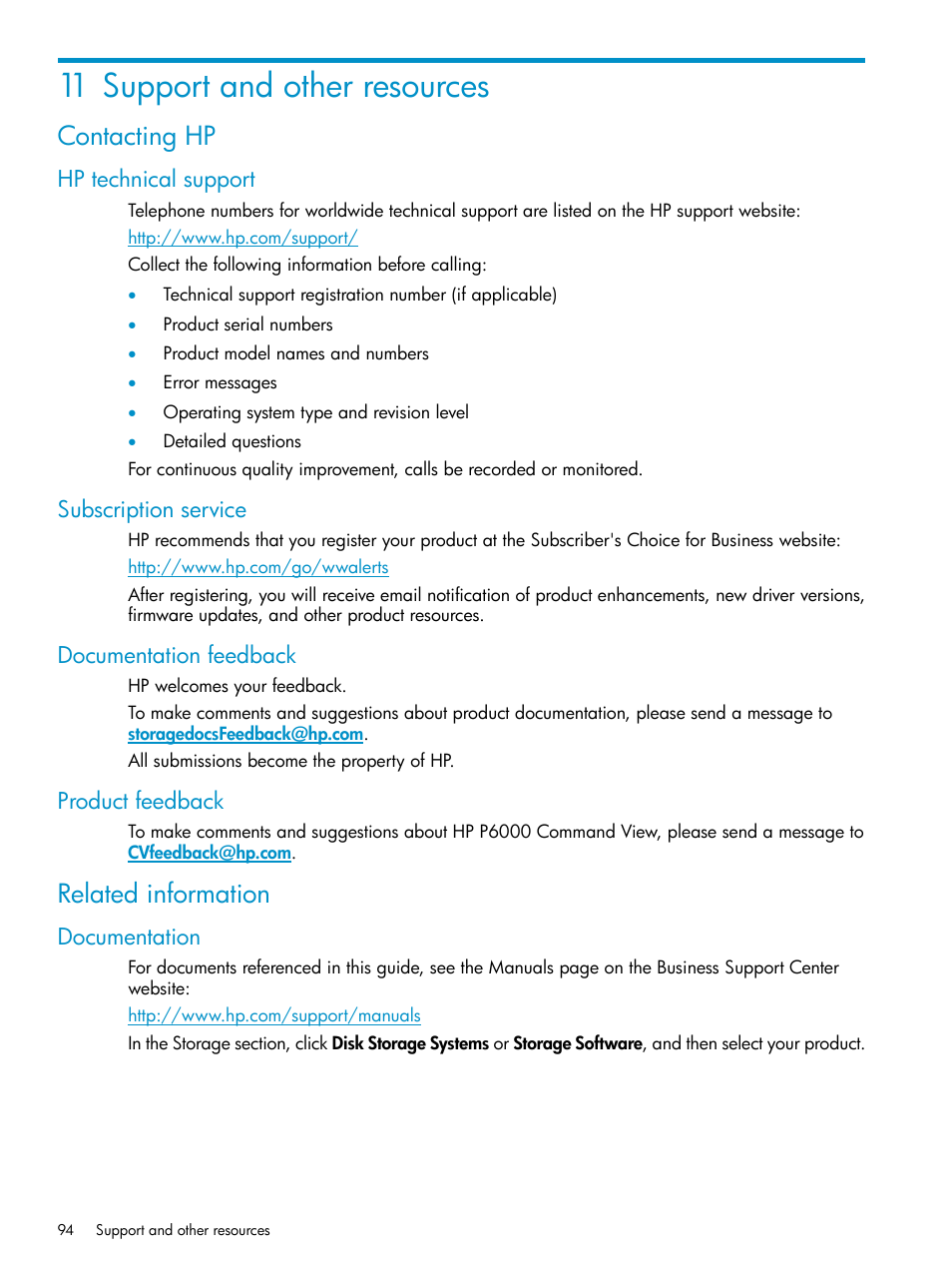 11 support and other resources, Contacting hp, Hp technical support | Subscription service, Documentation feedback, Product feedback, Related information, Documentation | HP P6000 User Manual | Page 94 / 105