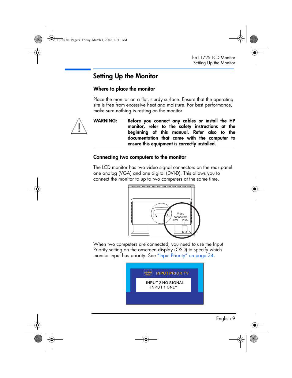 Setting up the monitor, Where to place the monitor, Connecting two computers to the monitor | HP P4827 User Manual | Page 10 / 49
