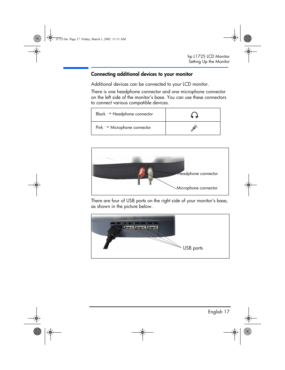 Connecting additional devices to your monitor | HP P4827 User Manual | Page 18 / 49