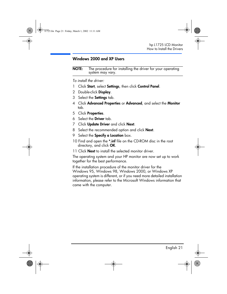 Windows 2000 and xp users | HP P4827 User Manual | Page 22 / 49
