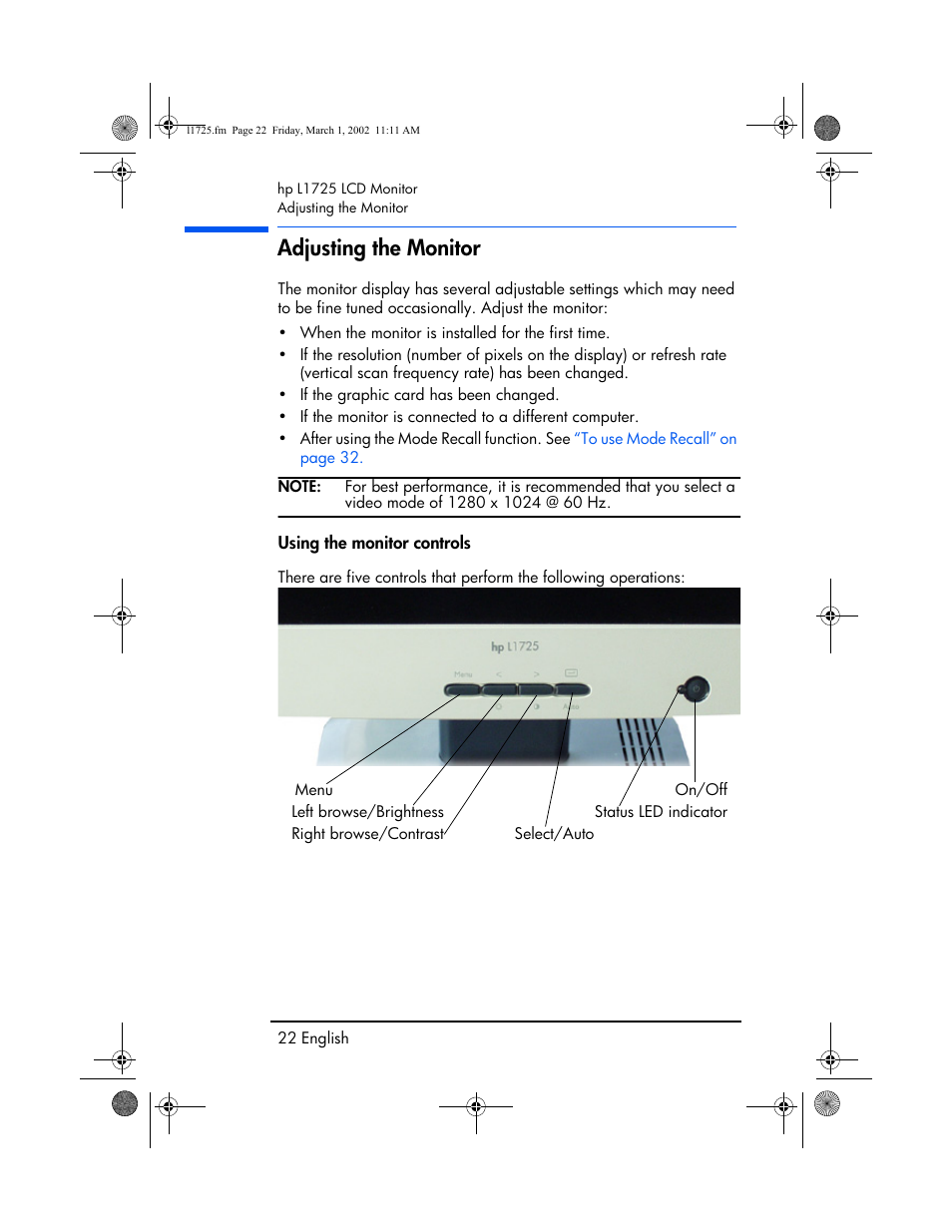 Adjusting the monitor, Using the monitor controls | HP P4827 User Manual | Page 23 / 49