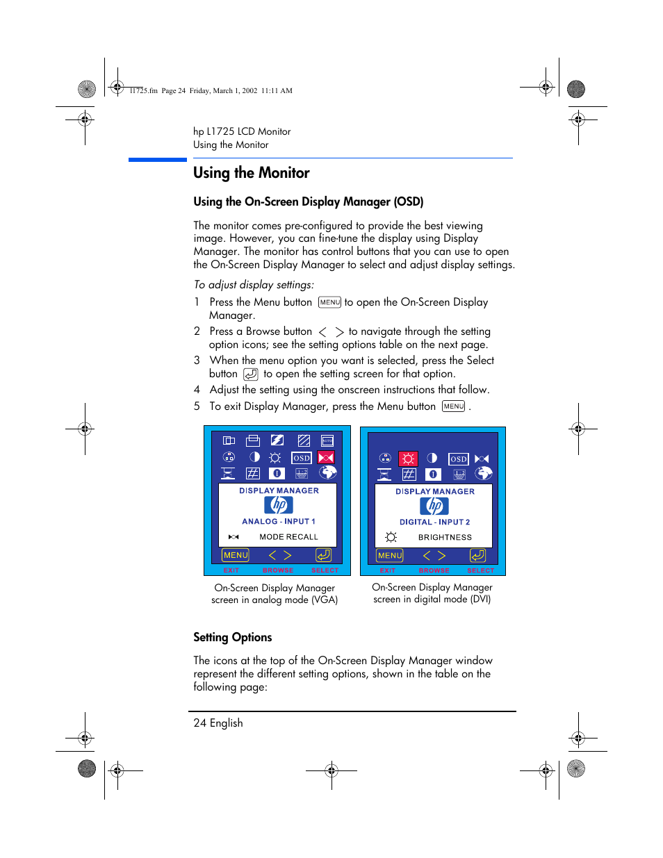 Using the monitor, Using the on-screen display manager (osd), Setting options | HP P4827 User Manual | Page 25 / 49