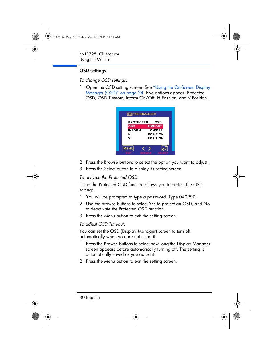 Osd settings | HP P4827 User Manual | Page 31 / 49