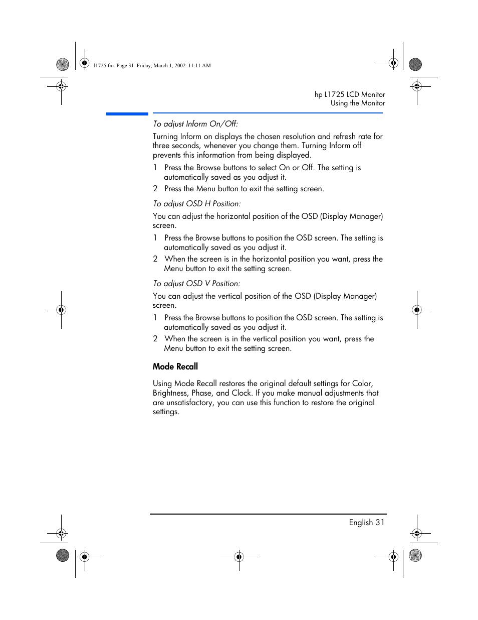 Mode recall | HP P4827 User Manual | Page 32 / 49