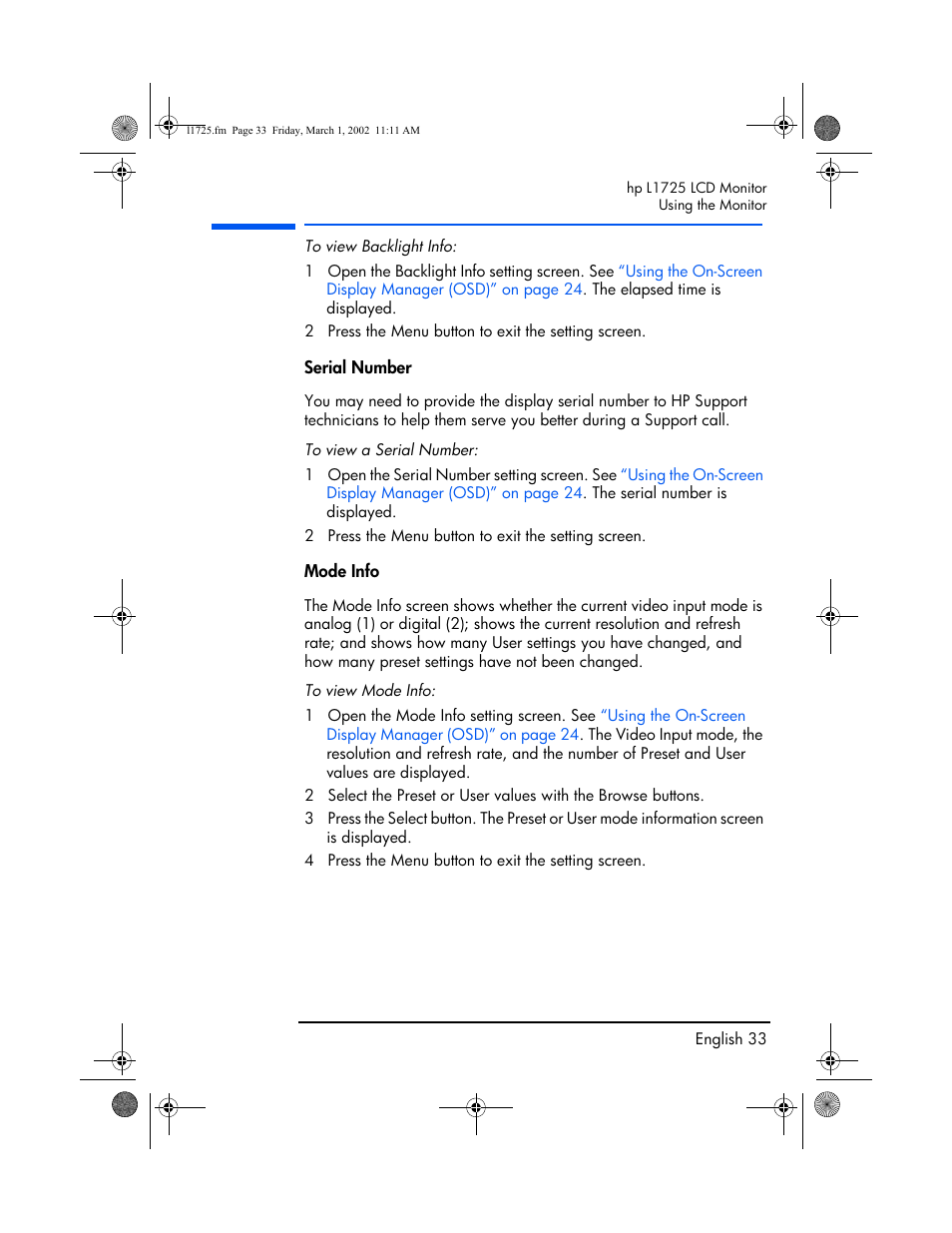 Serial number, Mode info | HP P4827 User Manual | Page 34 / 49