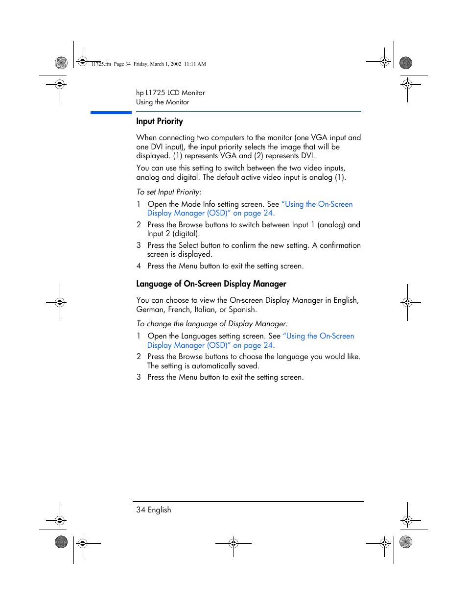 Input priority, Language of on-screen display manager | HP P4827 User Manual | Page 35 / 49