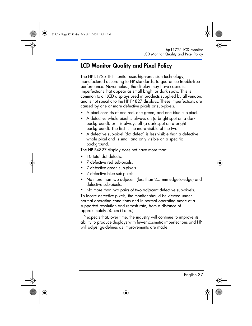 Lcd monitor quality and pixel policy | HP P4827 User Manual | Page 38 / 49