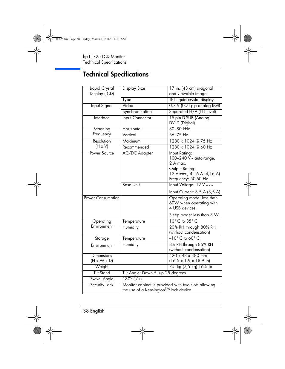 Technical specifications | HP P4827 User Manual | Page 39 / 49