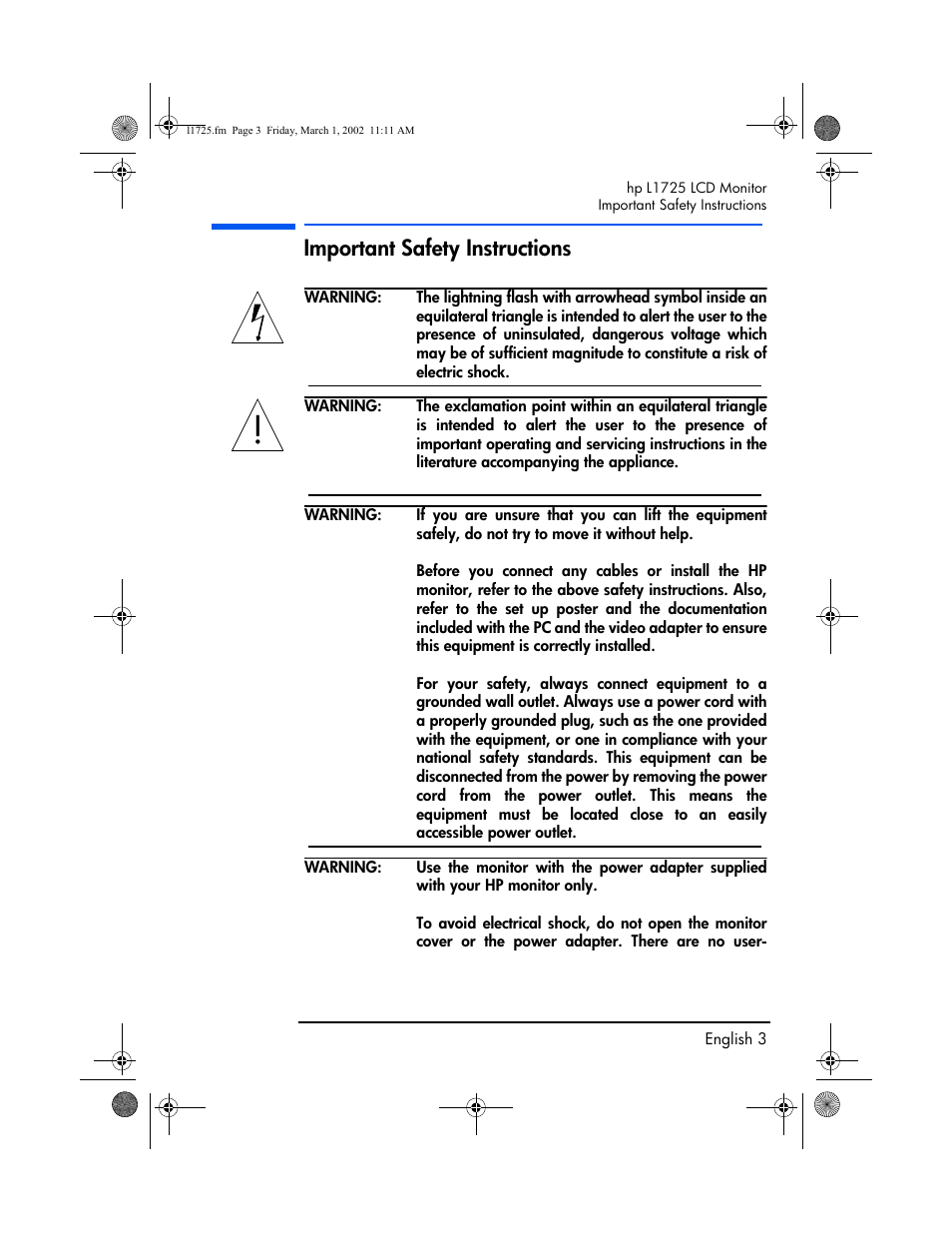 Important safety instructions | HP P4827 User Manual | Page 4 / 49