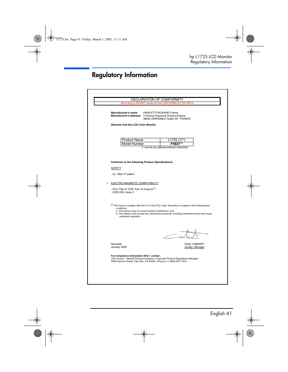 Regulatory information, English 41, Hp l1725 lcd monitor regulatory information | HP P4827 User Manual | Page 42 / 49