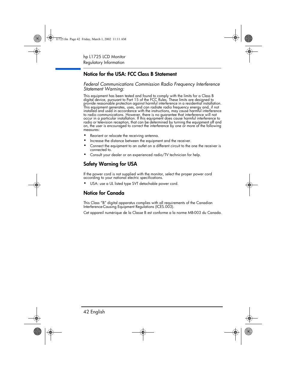 Notice for the usa: fcc class b statement, Safety warning for usa, Notice for canada | HP P4827 User Manual | Page 43 / 49