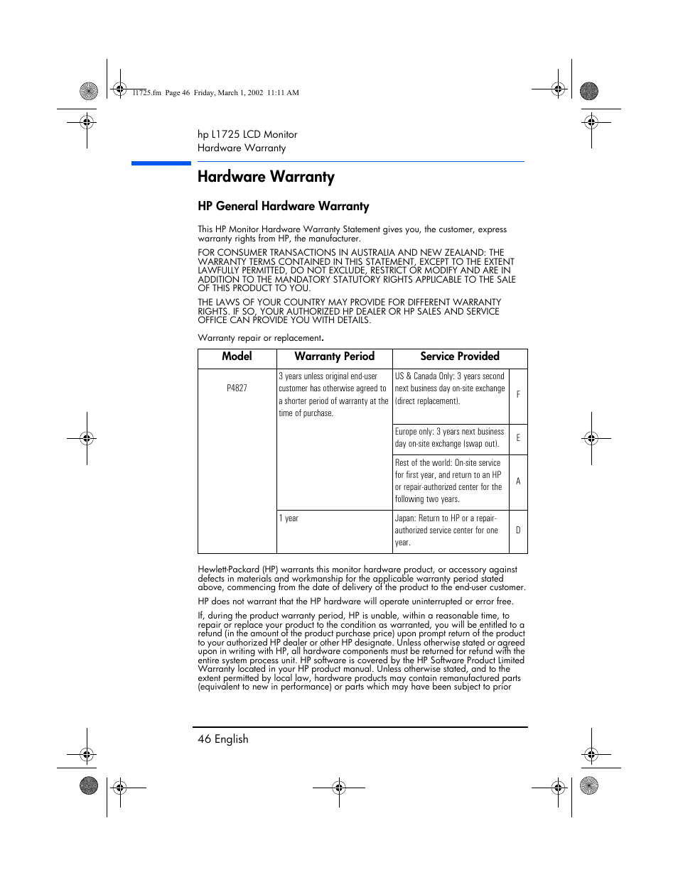 Hardware warranty, Hp general hardware warranty | HP P4827 User Manual | Page 47 / 49