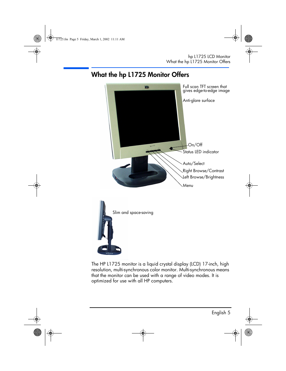 What the hp l1725 monitor offers | HP P4827 User Manual | Page 6 / 49