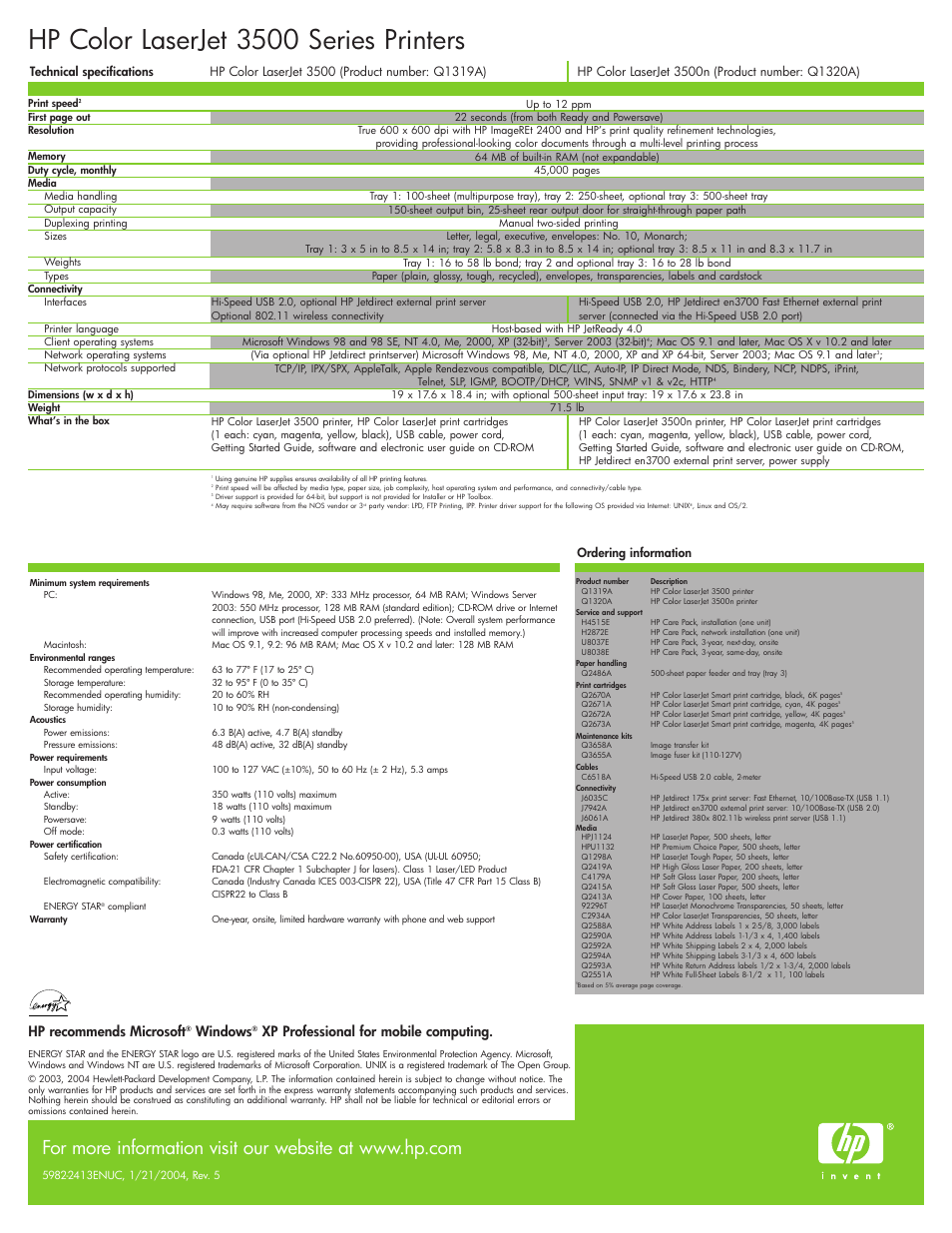 Hp color laserjet 3500 series printers, Hp recommends microsoft, Windows | Xp professional for mobile computing, Ordering information | HP 3500 Series User Manual | Page 4 / 4