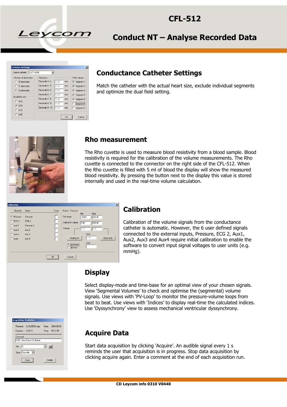 Conductance catheter settings, Rho measurement, Calibration | Display, Acquire data, Cfl-512 conduct nt – analyse recorded data | HP CD Leycom CFL-512 User Manual | Page 3 / 5