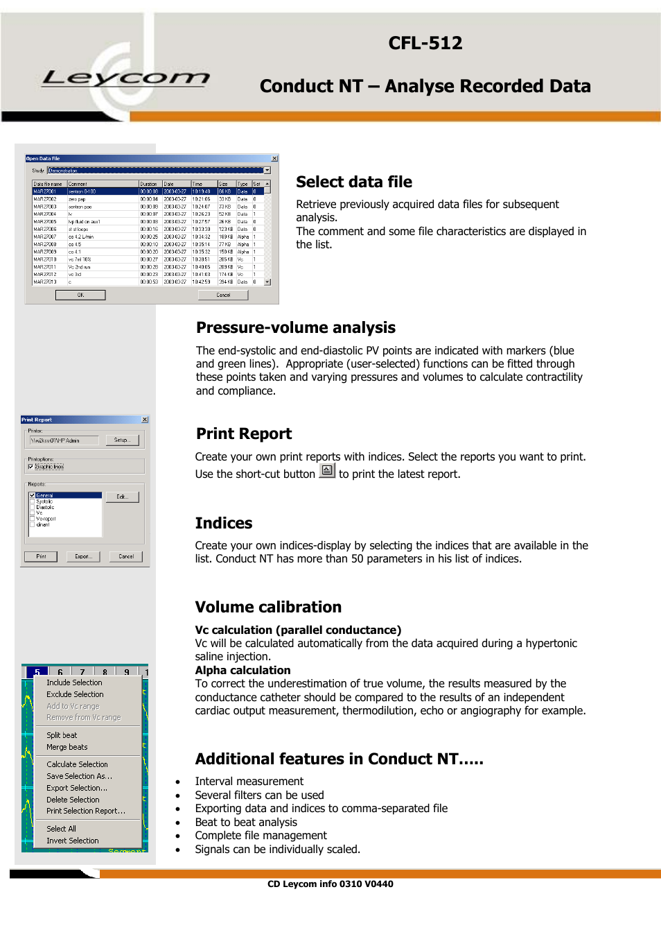 Select data file, Print report, Indices | Additional features in conduct nt, Cfl-512 conduct nt – analyse recorded data, Pressure-volume analysis, Volume calibration | HP CD Leycom CFL-512 User Manual | Page 4 / 5