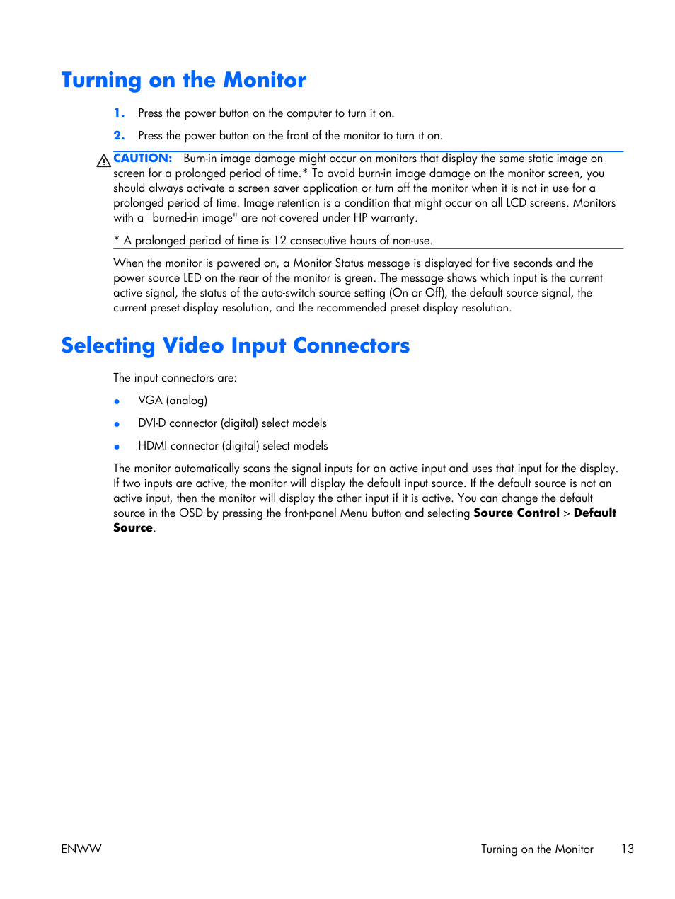 Turning on the monitor, Selecting video input connectors | HP 2011S User Manual | Page 19 / 47