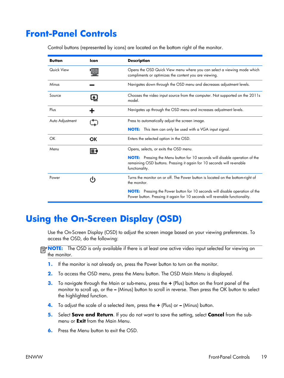 Front-panel controls, Using the on-screen display (osd) | HP 2011S User Manual | Page 25 / 47