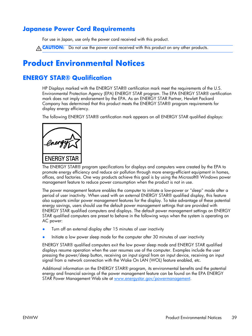 Japanese power cord requirements, Product environmental notices, Energy star® qualification | HP 2011S User Manual | Page 45 / 47