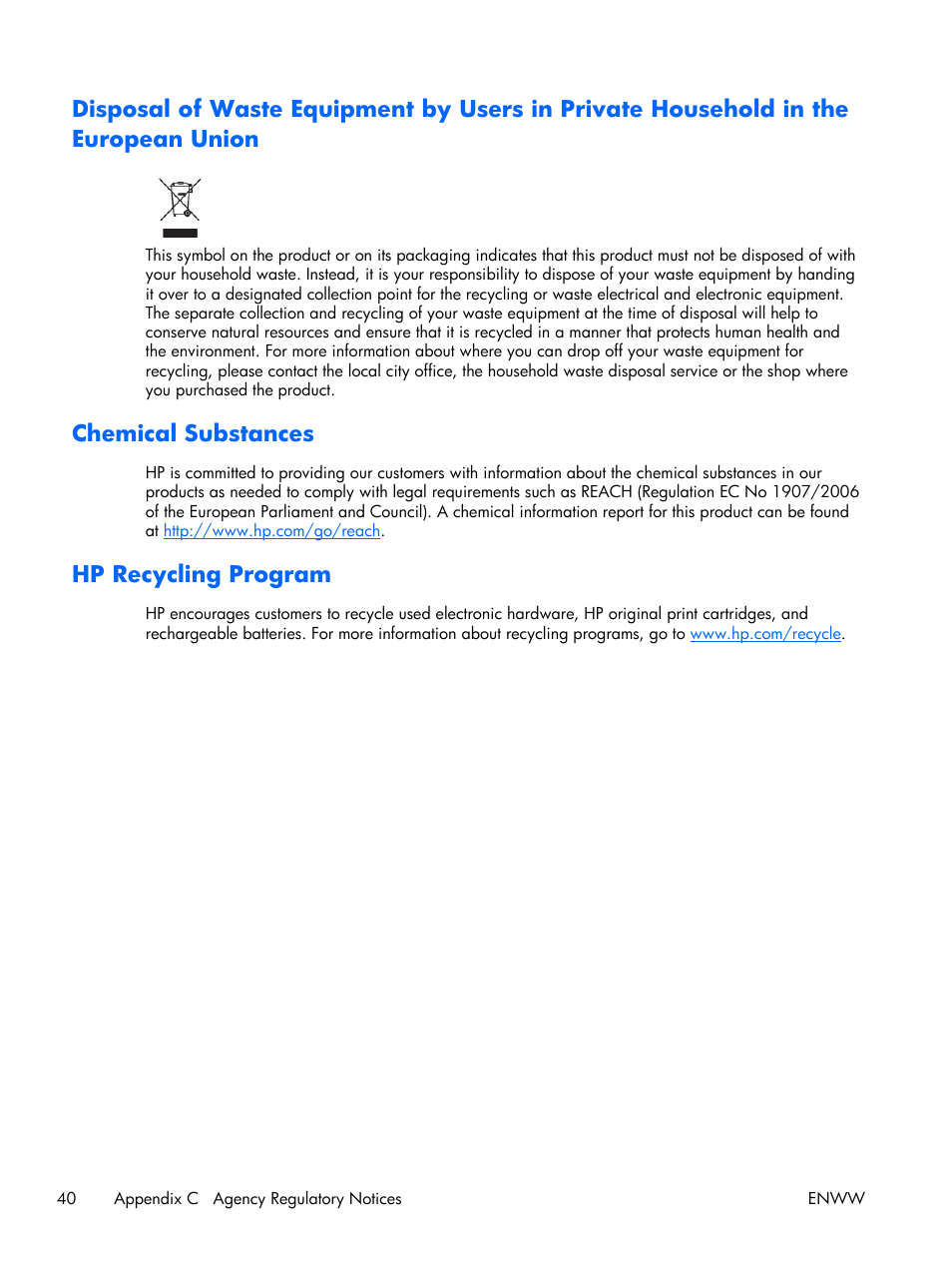 Chemical substances, Hp recycling program | HP 2011S User Manual | Page 46 / 47