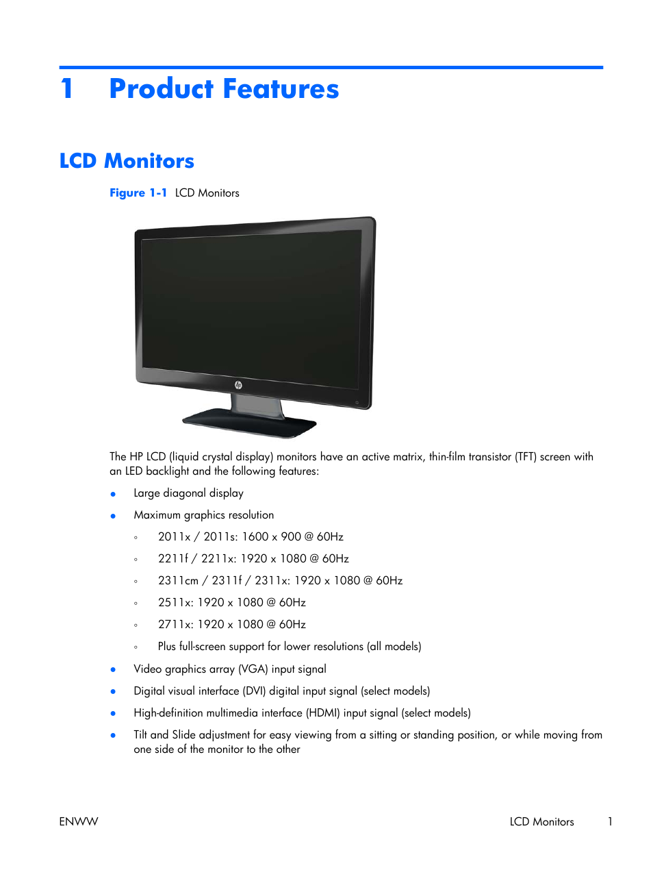 Product features, Lcd monitors, 1 product features | HP 2011S User Manual | Page 7 / 47