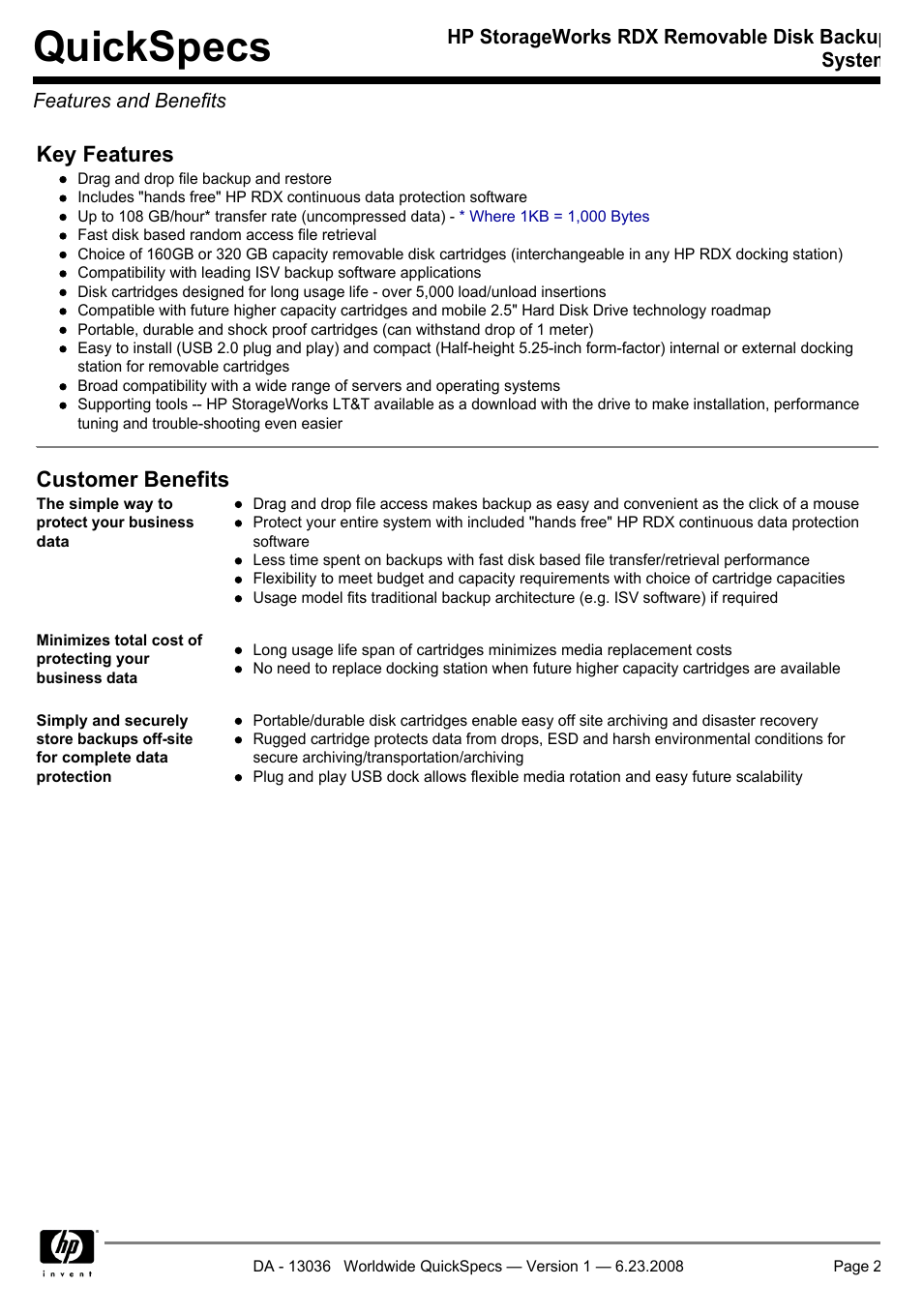 Features and benefits, Quickspecs | HP RDX160 User Manual | Page 2 / 12