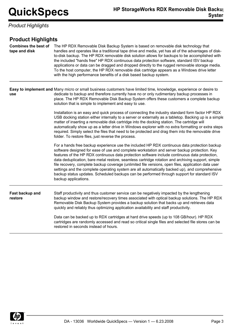 Product highlights, Quickspecs | HP RDX160 User Manual | Page 3 / 12