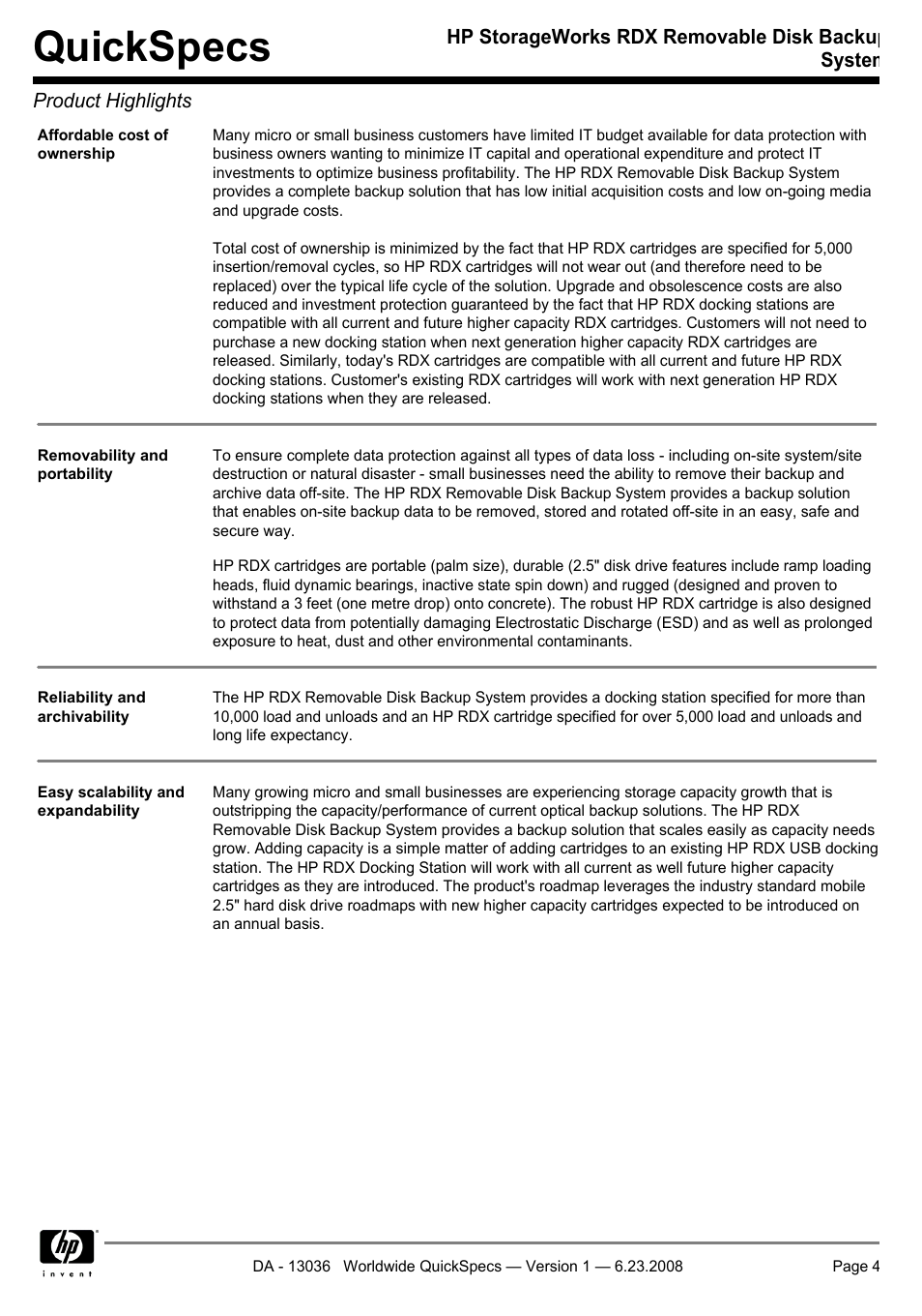 Quickspecs | HP RDX160 User Manual | Page 4 / 12