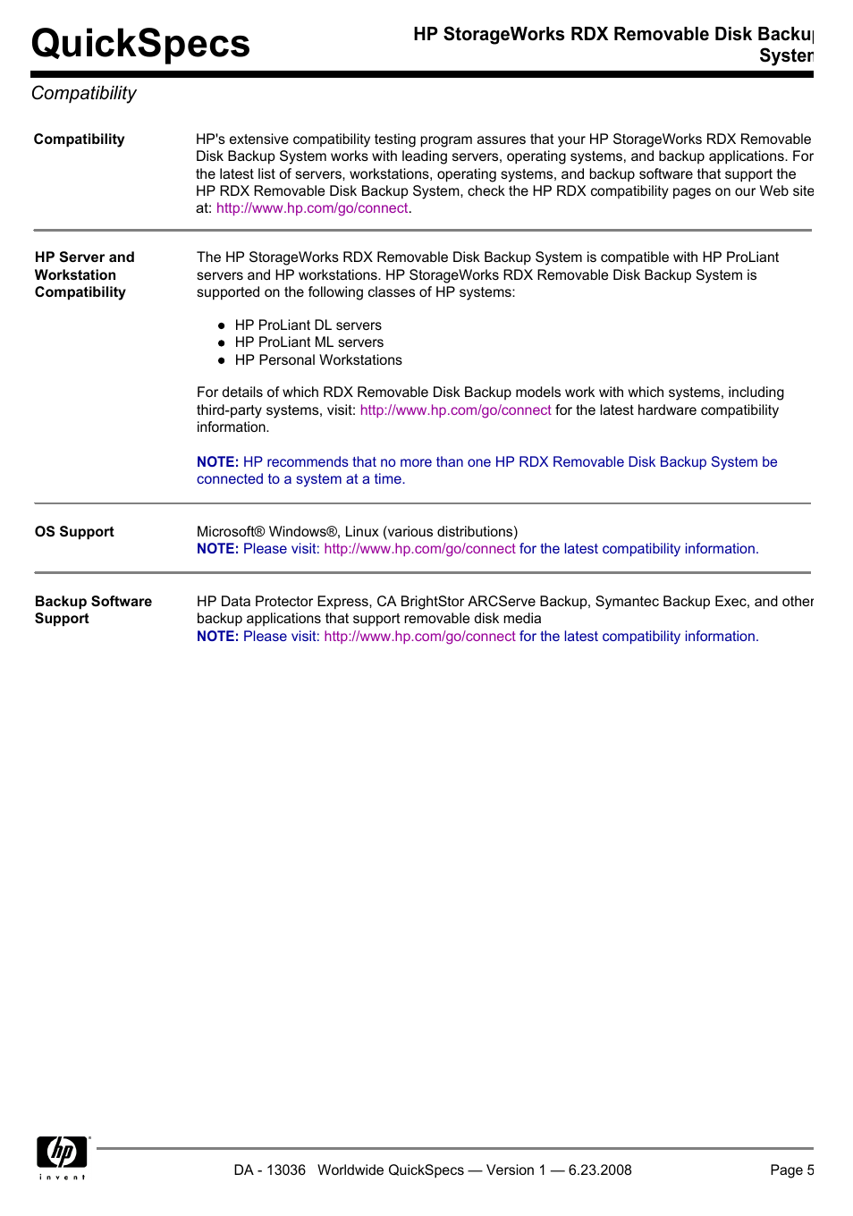 Compatibility, Quickspecs | HP RDX160 User Manual | Page 5 / 12