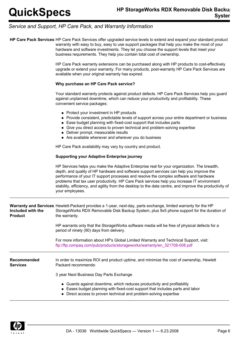 Quickspecs | HP RDX160 User Manual | Page 6 / 12