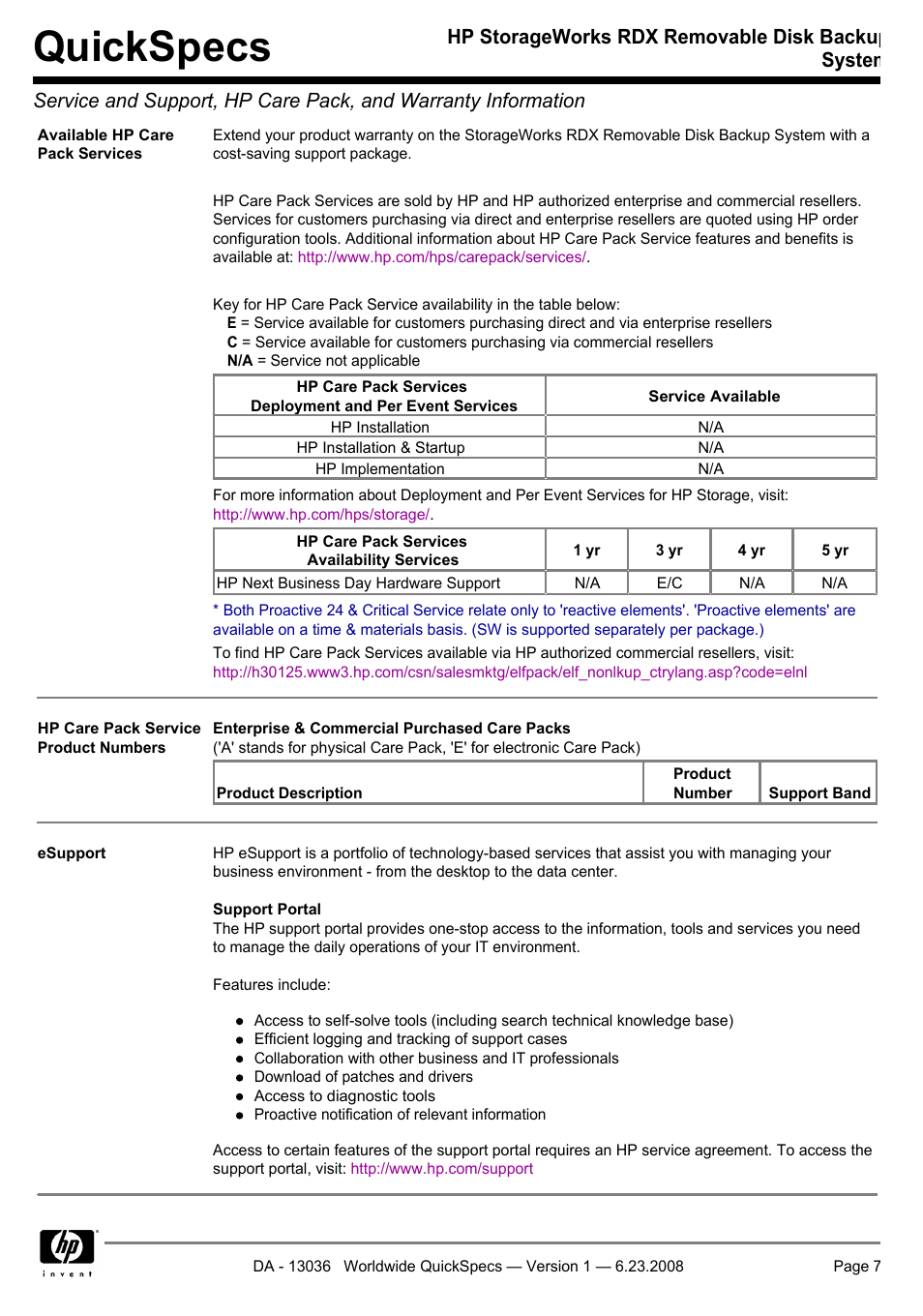 Quickspecs | HP RDX160 User Manual | Page 7 / 12