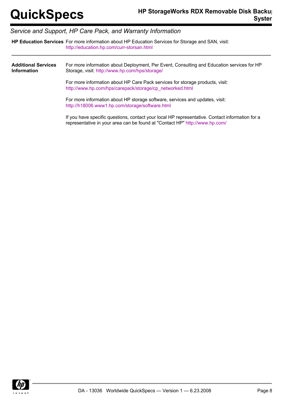 Quickspecs | HP RDX160 User Manual | Page 8 / 12