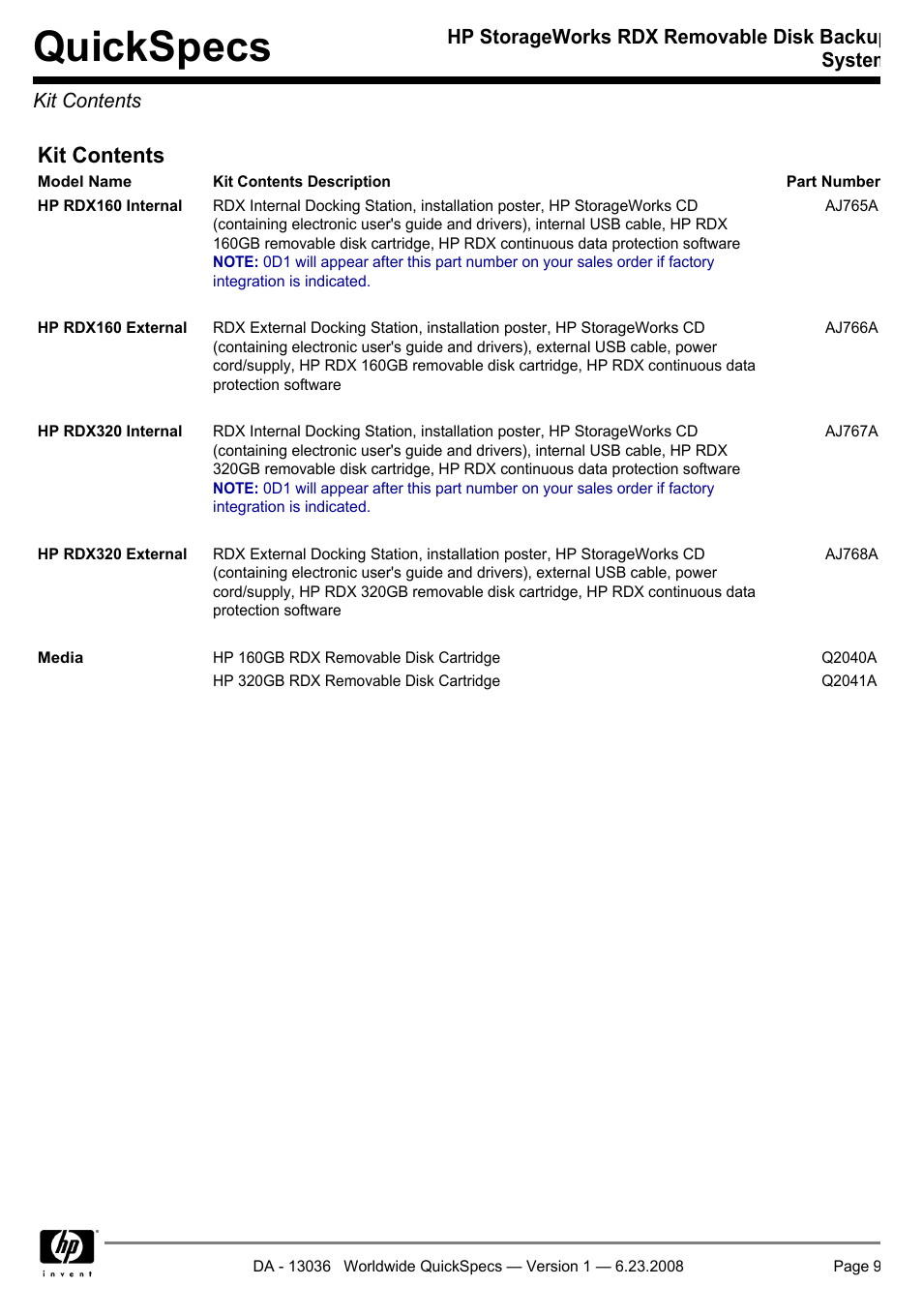 Kit contents, Quickspecs | HP RDX160 User Manual | Page 9 / 12