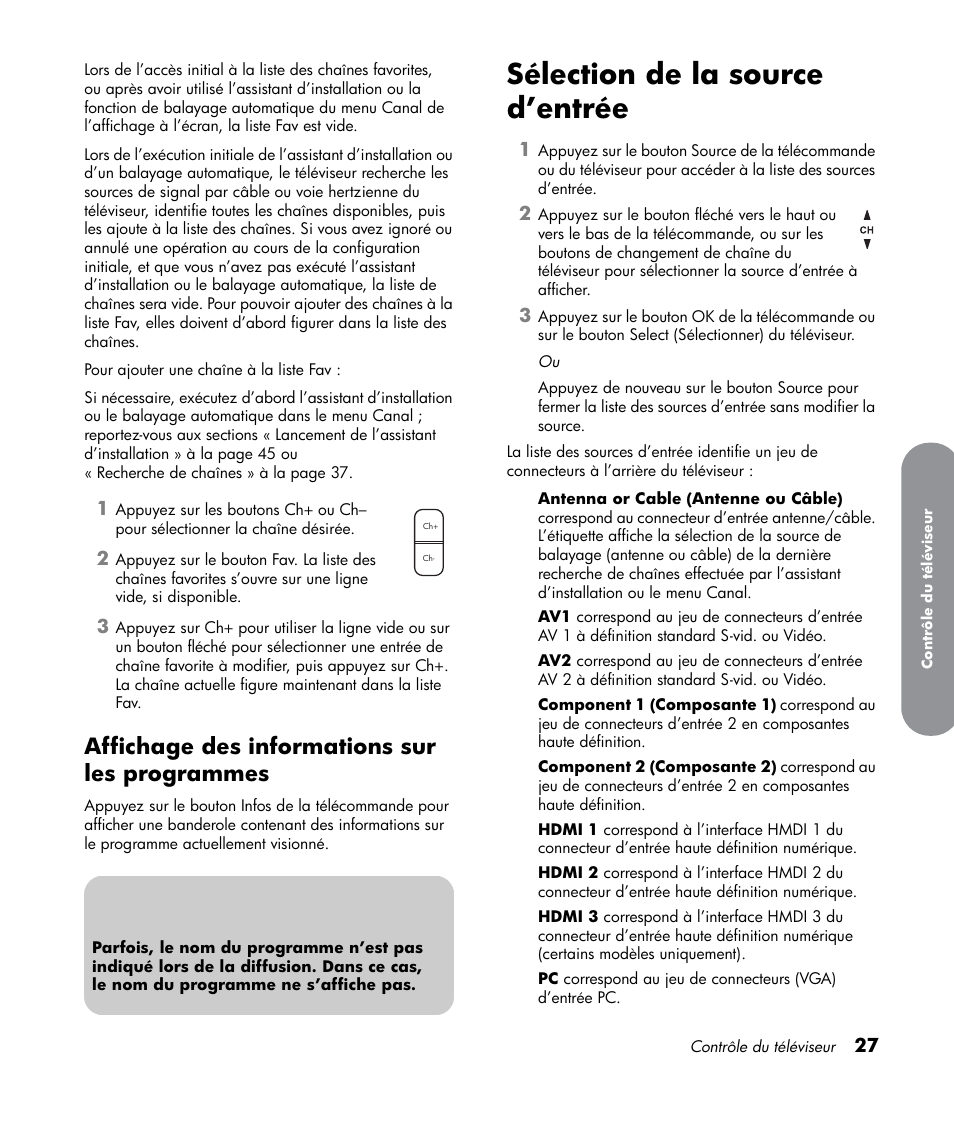 Affichage des informations sur les programmes, Sélection de la source d’entrée, Affichage des informations sur les programmes 27 | HP LT3700 User Manual | Page 103 / 200