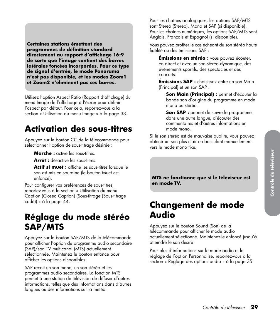 Activation des sous-titres, Réglage du mode stéréo sap/mts, Changement de mode audio | HP LT3700 User Manual | Page 105 / 200