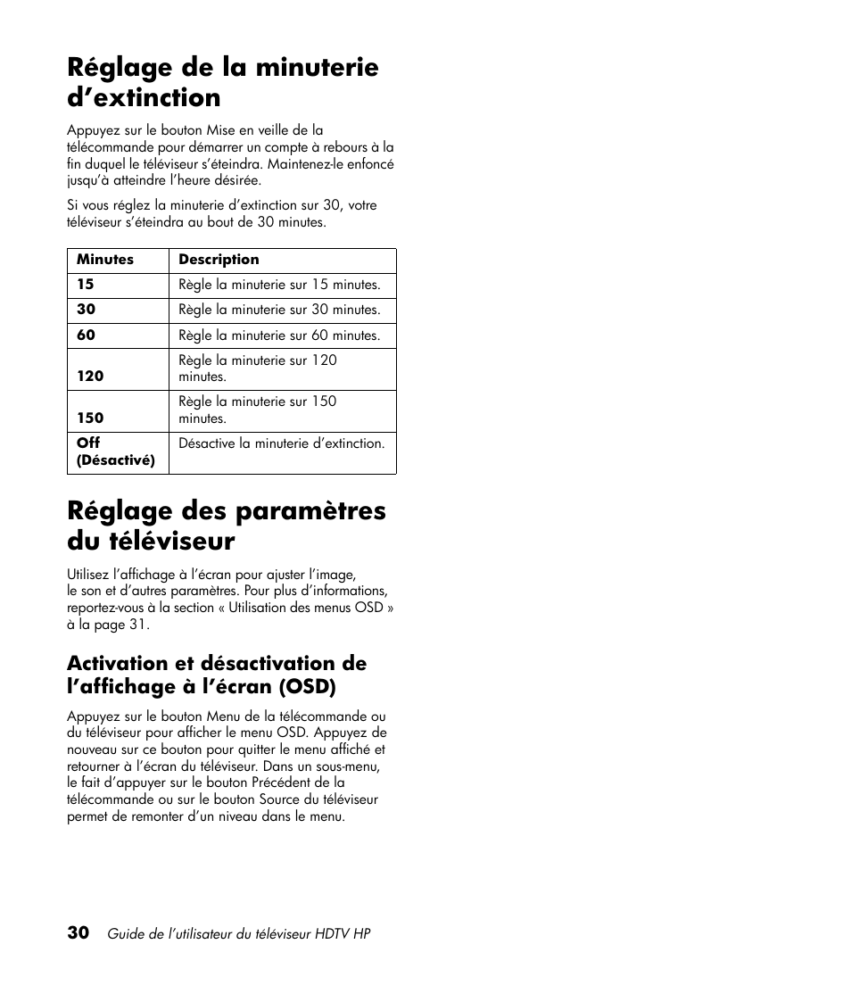 Réglage de la minuterie d’extinction, Réglage des paramètres du téléviseur | HP LT3700 User Manual | Page 106 / 200