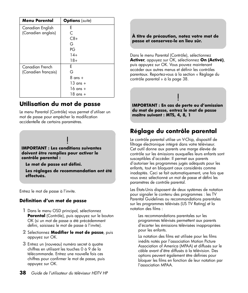 Utilisation du mot de passe, Réglage du contrôle parental | HP LT3700 User Manual | Page 114 / 200