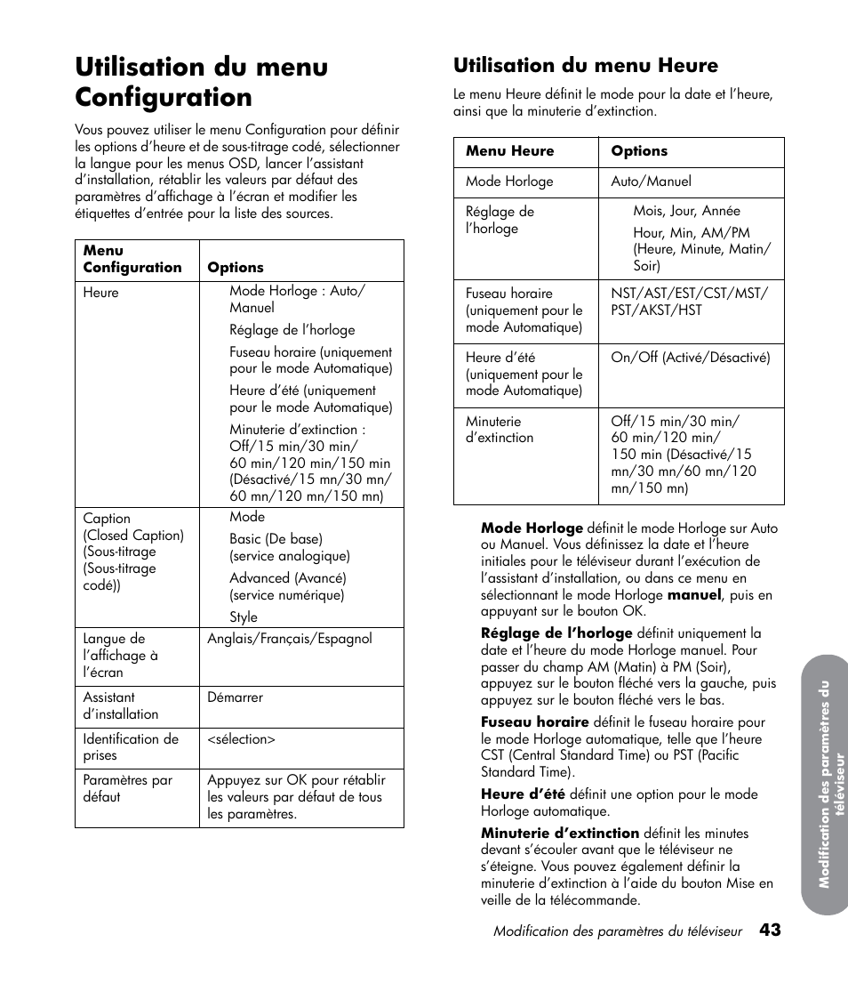 Utilisation du menu configuration, Utilisation du menu heure | HP LT3700 User Manual | Page 119 / 200