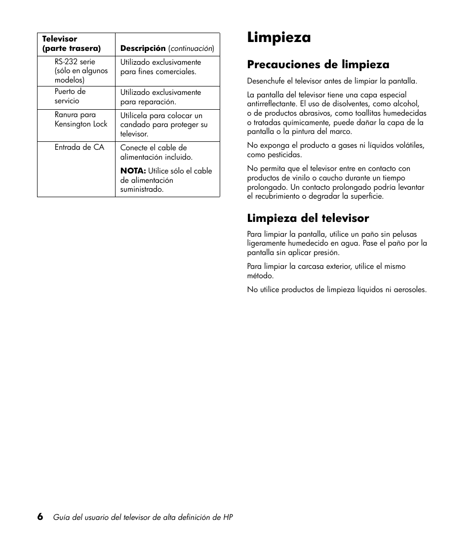 Limpieza, Precauciones de limpieza, Limpieza del televisor | Precauciones de limpieza limpieza del televisor | HP LT3700 User Manual | Page 150 / 200