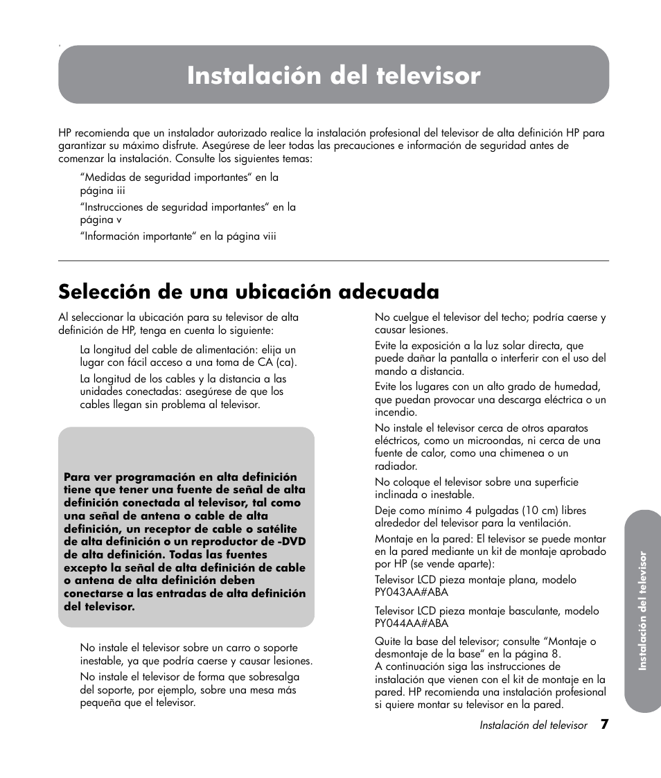 Instalación del televisor, Selección de una ubicación adecuada | HP LT3700 User Manual | Page 151 / 200