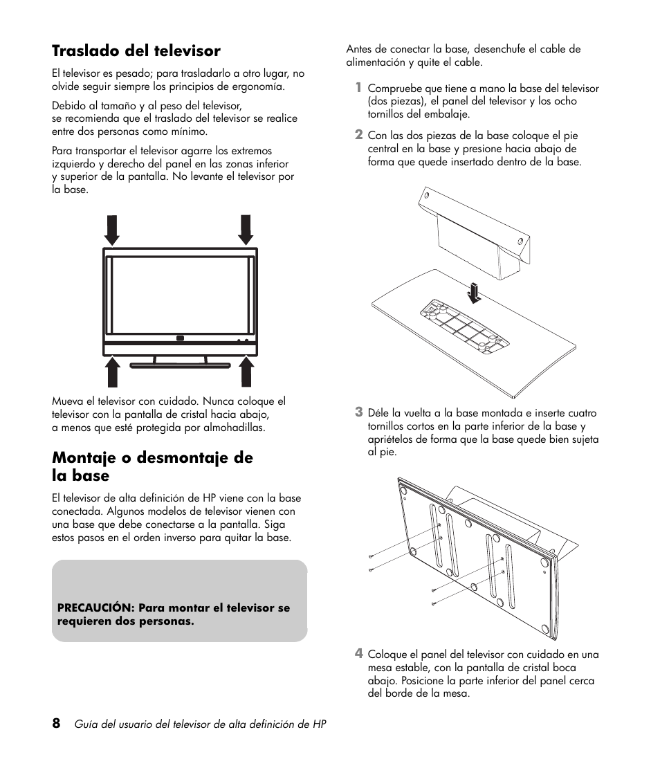 Traslado del televisor, Montaje o desmontaje de la base | HP LT3700 User Manual | Page 152 / 200