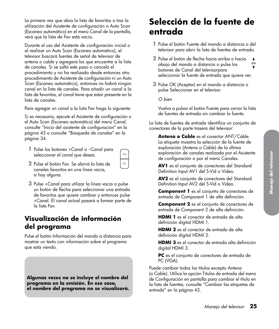 Visualización de información del programa, Selección de la fuente de entrada | HP LT3700 User Manual | Page 169 / 200
